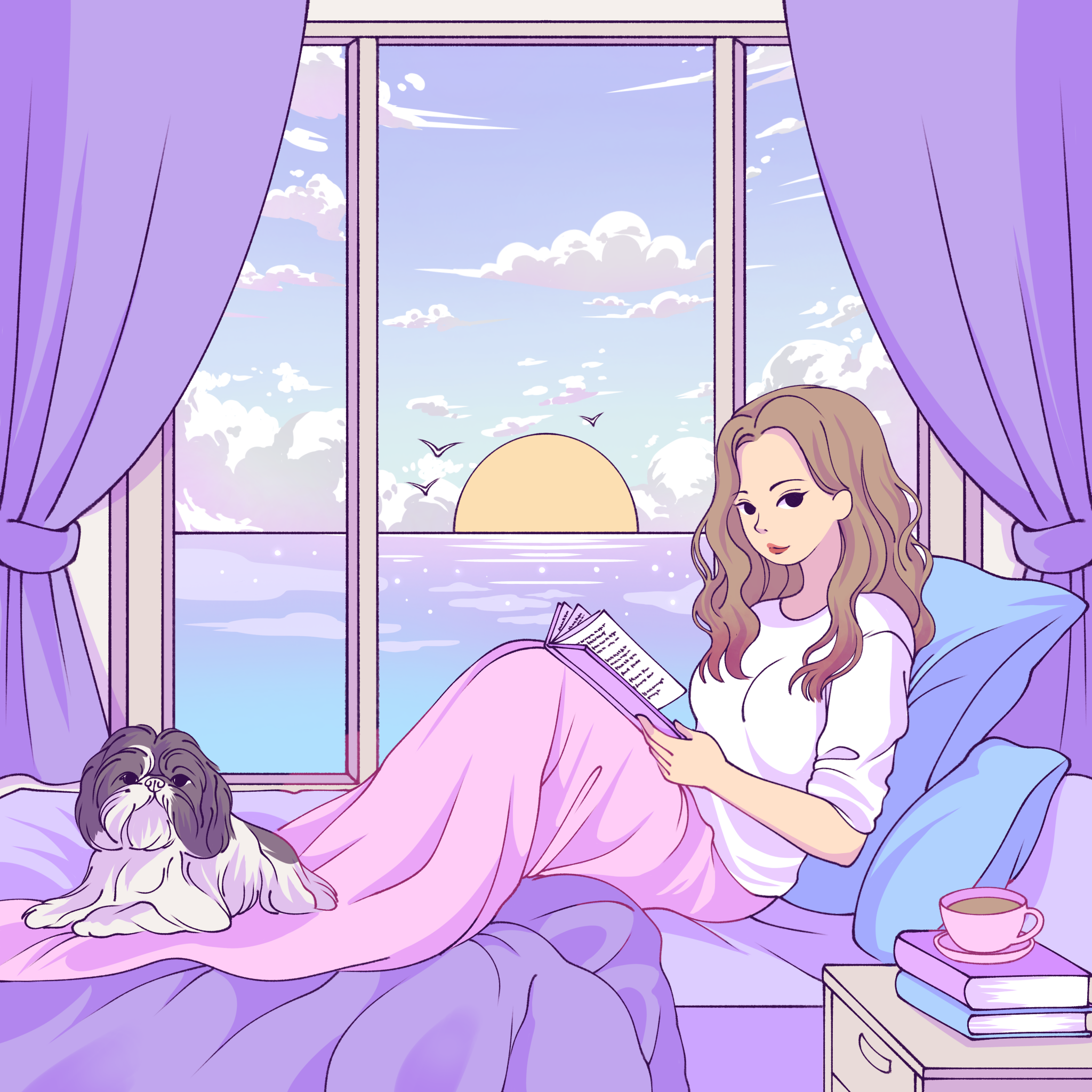 Illustration of a woman relaxing in bed with a book, accompanied by a small dog, overlooking a serene ocean sunset through a large window.