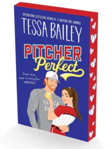 Book cover of Pitcher Perfect by Tessa Bailey featuring an illustrated couple, a baseball player in a cap holding a ball and a woman in a red dress holding a glove.