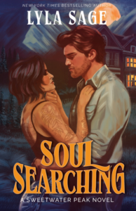 Book cover of Soul Searching by Lyla Sage featuring an illustrated couple in an intimate embrace under a glowing moon, with a large house and mountains in the background.
