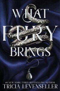 Book cover of What Fury Brings by Tricia Levenseller, part of September 2025 romance and fantasy book releases, featuring silver serpents with floral engravings on dark blue fabric and a pearl pendant.
