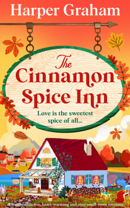 The Cinnamon Spice Inn by Harper Graham book cover featuring a cozy inn with autumn leaves, a pumpkin-lined path, and a warm small-town setting — a heartwarming fall romance novel.