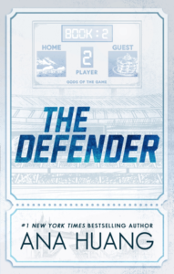 Cover of The Defender by Ana Huang. The design features a stadium scoreboard with the text “Book 2” and a bold blue gradient title across the center, part of the Gods of the Game sports romance series.